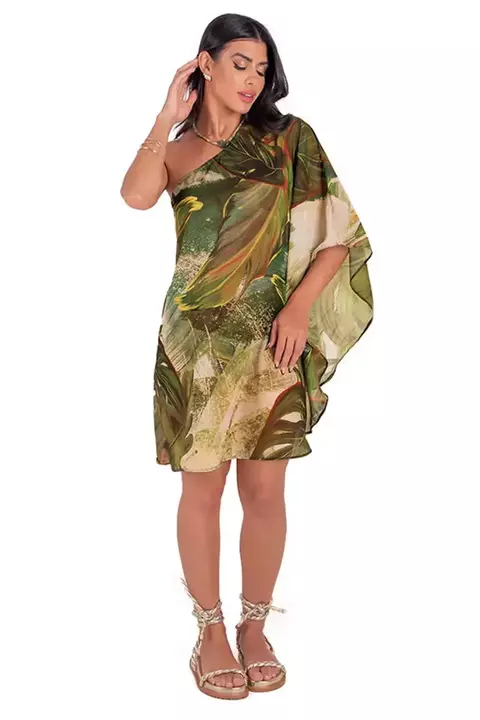 Vestido Kaftan Duzani Ombro Único Estampa Folhagem Verde