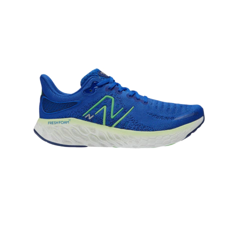 Zapatillas de running New Balance Fresh Foam X 1080v12 para hombre en color azul con detalles verdes.