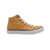 Zapatillas altas de hombre y mujer John Foos en color mostaza, con cordones blancos y suela blanca.