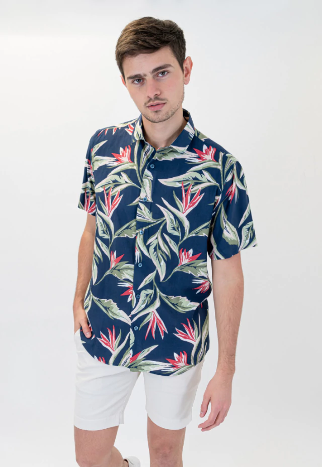 Camisa Fibrana Manga Corta Flor Verde-Salmon thumbnail 2