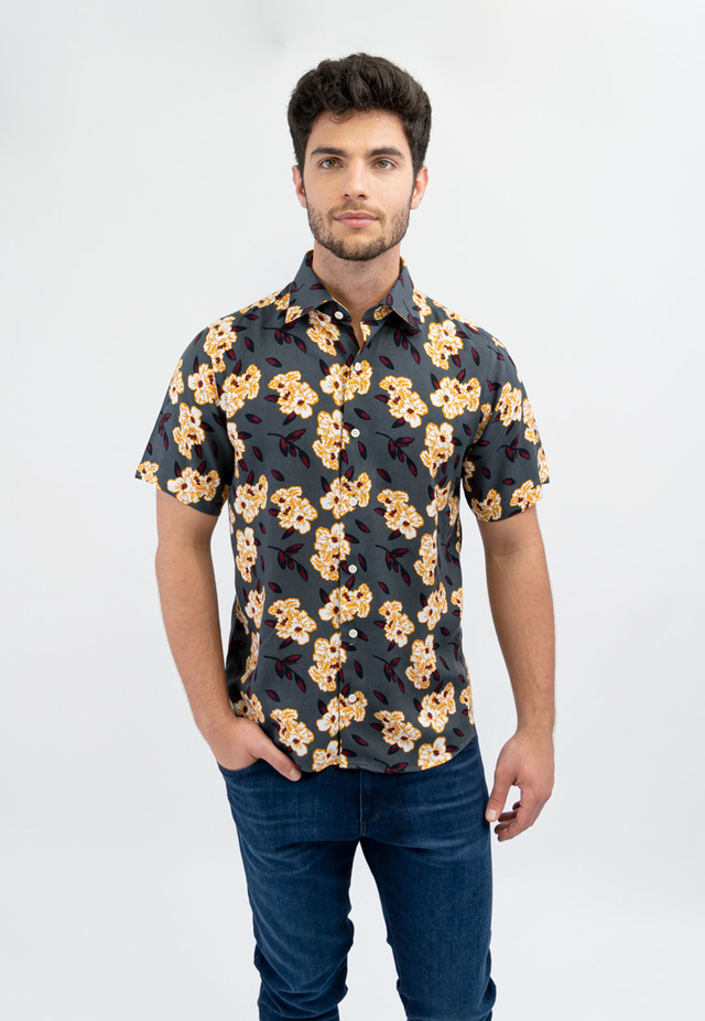 Camisa Corte Clasico Manga Corta Gris Flor Amarilla thumbnail 2