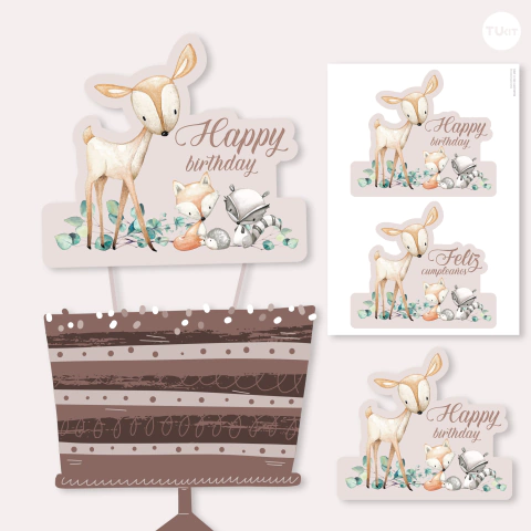 Cake topper adorno torta imprimible animalitos del bosque woodland acuarela tukit