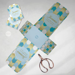 Cajita abierta decorativa golosinera imprimible textura celeste dorada tukit
