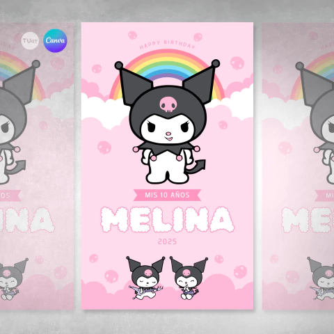 Banner rectangular digital imprimible backdrop kuromi tukit - comprar online