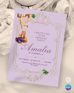 Invitación para cumple años, texto editable canva, princesa rapunzel, princess party, marco dorado tukit en internet