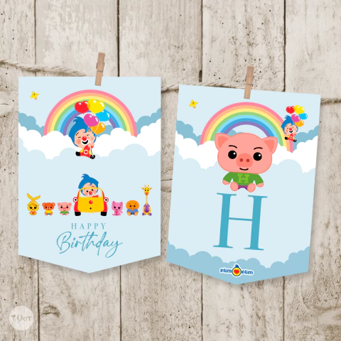 Banderines imprimibles cumpleaños payaso plim plim celeste tukit - comprar online