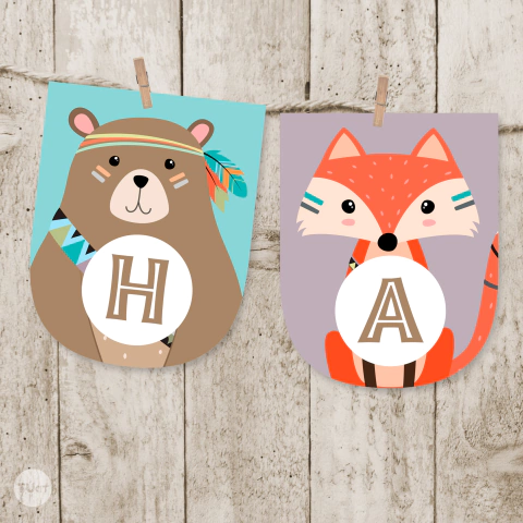 Banner, banderines, banderin animales bosque, pennant bosque tribal, cumpleaños animales, forest party