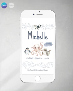 Invitacion animales del mar acuarela texto editable canva cumples pulpo pinguino tukit - comprar online