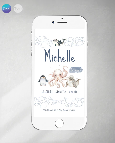 Invitacion animales del mar acuarela texto editable canva cumples pulpo pinguino tukit - comprar online