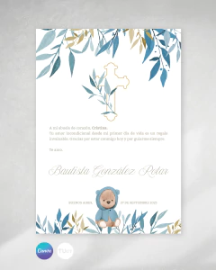 Certificado bautismo, invitaciones editables canva, cruz hojas azules tukit - comprar online