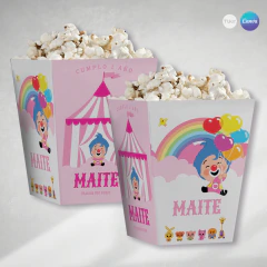 Caja pochoclera imprimible, caja plim plim circo, palomitas de maiz circo, cumpleaños circo rosa tukit