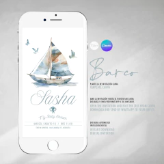 Invitación barco acuarela, invitaciones editables canva, ship party tukit en internet