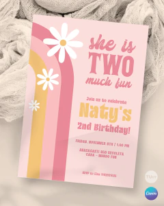 Invitación para cumple 2 años, texto editable canva, arcoiris y margaritas, rainbow party tukit en internet