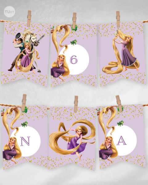 Banderines imprimibles rapunzel, banderin glitter, banderin princesa rapunzel, cumpleaños princesas abecedario - comprar online