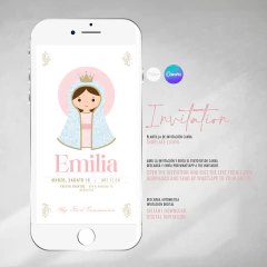 Invitación first communion, texto editable canva, comunion, virgencita rosa, invitation template en internet