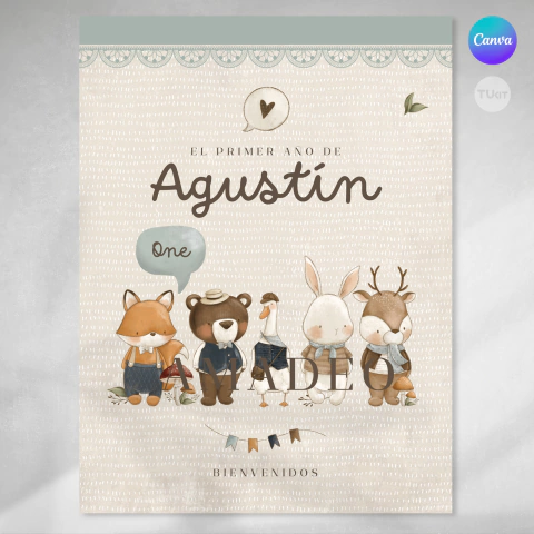 Poster imprimible animales, cartel animalitos 18x24 inches, cartel de bienvenida, personalizable canva, bosque acuarela tukit