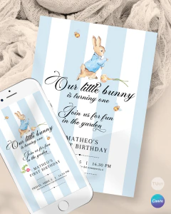 Invitación para cumple un año, texto editable canva, peter rabbit, rabbit party, conejo tukit