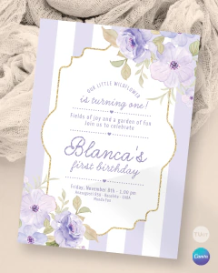 Invitación texto editable canva, flores lilas, invitation template, flowers en internet