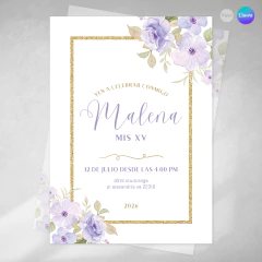 Invitación texto editable canva, flores lilas, invitation template, flowers - comprar online