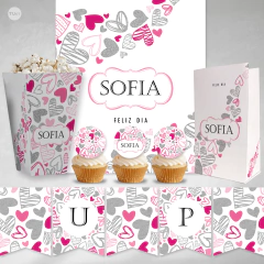 Kit imprimible corazones glitter rosa fuxia plata tukit