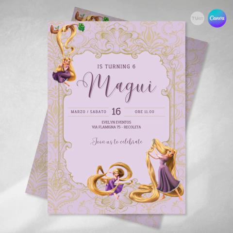 Invitacion princesa rapunzel texto editable canva cumples tukit