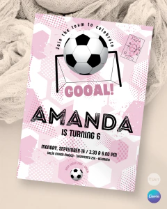 Plantilla de invitación, texto editable canva, camiseta de futbol, soccer party, trama tonos rosas - tienda online