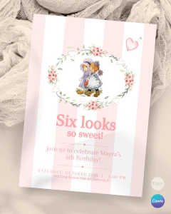 Invitación para cumple un año, texto editable canva, sarah kay, flowers party tukit - TuKit