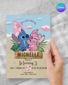 Invitacion editable, invitación stitch rosa, invitaciones canva editable, cumple stitch rosa, birthday stitch, invitation template en internet