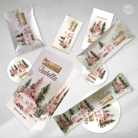 Kit imprimible campamento acuarela rosa camper tukit