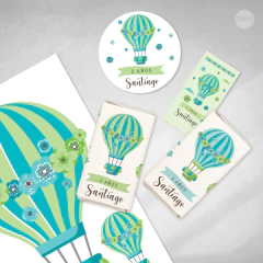 Kit imprimible globos aerostaticos flores verde menta cumpleaños tukit