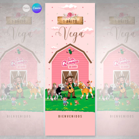 Banner rectangular digital imprimible backdrop granja zenon rosa tukit - comprar online