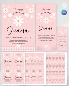 Estampita imprimible comunion bautismo margaritas vichy rosa tukit en internet