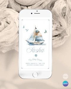Invitación para cumple años, texto editable canva, barco acuarela, ship party tukit - tienda online