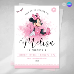 Invitacion minnie acuarela texto editable canva tukit - comprar online