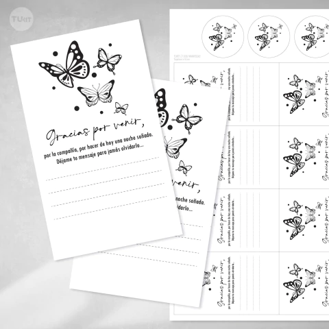 Tarjeta agradecimiento imprimible mariposas blanco negro tukit