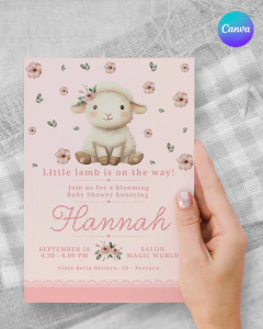 Invitacion editable, invitación oveja flores rosas, invitaciones canva editable, cumple ovejita, baby shower, invitation template - tienda online