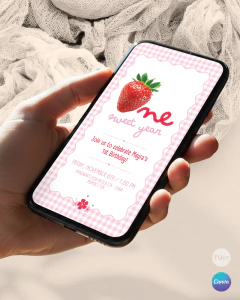 Invitación para cumple un año, texto editable canva, frutillas, strawberry party tukit - comprar online