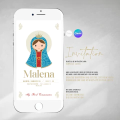Invitación first communion, texto editable canva, comunion, virgencita corazon, invitation template en internet