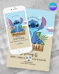 Invitacion editable, invitación stitch, invitaciones canva editable, cumple stitch celeste, birthday stitch, invitation template en internet