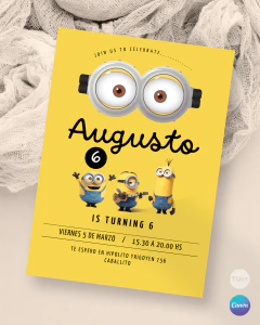Invitacion editable minions, invitaciones canva editable, cumple minion, birthday minions, invitation template en internet
