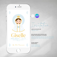 Invitación first communion, texto editable canva, comunion, virgencita celeste amarillo, invitation template en internet
