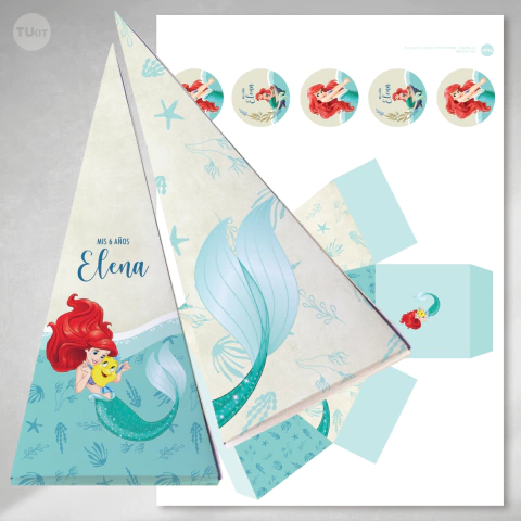 Caja cono piramide imprimible sirenita ariel tukit