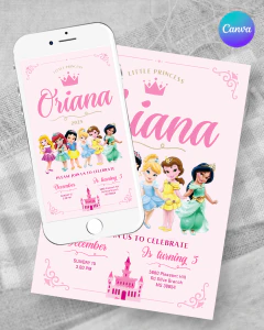 Plantilla de invitación, texto editable canva, varias princesas niñas, baby princess party, tonos rosas - comprar online