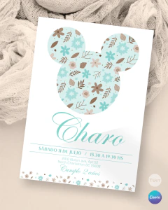 Plantilla de invitación, texto editable canva, minnie mickey silueta, flowers party, tonos aguamarina en internet