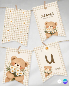 Banderines imprimibles oso flores margaritas, banderín, cumpleaños y eventos, texto editable canva tukit - tienda online