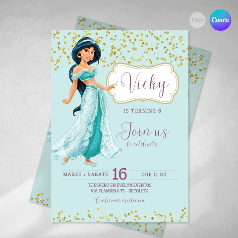 Invitacion princesa jazmin texto editable canva tukit