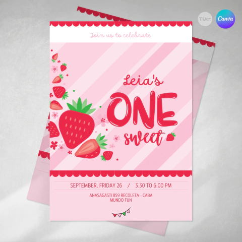 Invitacion editable strawberry, invitación frutillas, invitaciones canva editable, cumpleaños strawberry, fruit invitation tukit