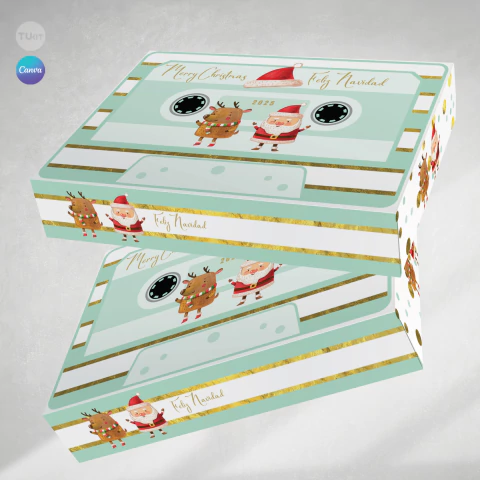 Caja cassette imprimible navidad verde dorado tukit - comprar online
