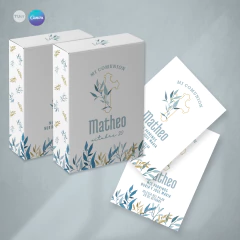 Estampita imprimible comunion, bautismo hojas azules, tarjeta y caja tukit en internet