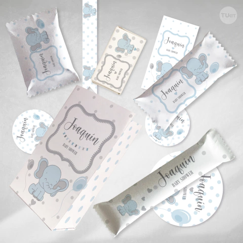 Kit imprimible elefante bebe gris celeste candy bar tukit